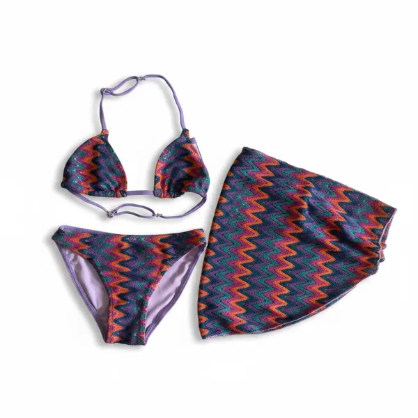 Modern Ocean Set παιδικό μαγιό πλεκτό τριγωνάκι τύπου Missoni με δώρο το παρεό Μωβ μπλέ & πορτοκαλί CT-6332 purple.orange