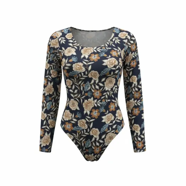 Modern Ocean Γυναικείο  ολόσωμο μακρυμάνικο μαγιό ιδανικό για σέρφ με flower pattern σε χρωμα σκουρο μπλε και κιτρινοχρυσες λεπτομέρειες