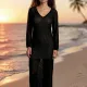 Modern Ocean Γυναικείο μαύρο μακρύ πλεκτό φόρεμα fashion με μακρυά μανίκια V μπροστά με ασημί charm C-6411 Black