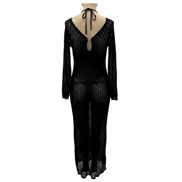 Modern Ocean Γυναικείο μαύρο μακρύ πλεκτό φόρεμα fashion με μακρυά μανίκια V μπροστά με ασημί charm C-6411 Black