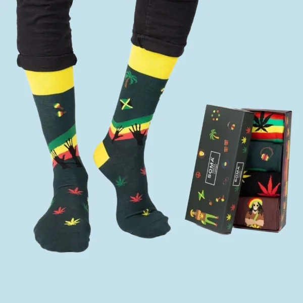 Soma Ανδρικές Κάλτσες βαμβακερές fashion με σχέδια κάναβη Cannabis Σετ 4 τεμ σε υπέροχο κουτί συσκευασίας Δώρου 
