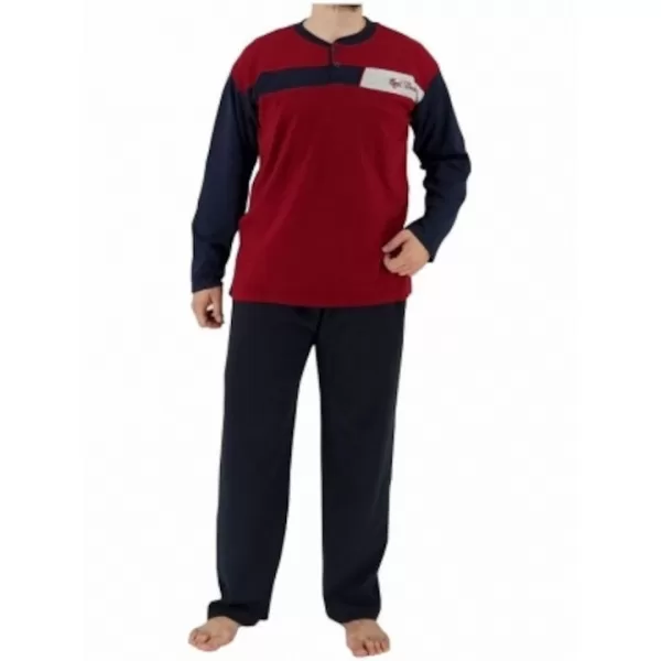 Rimoli Αντρική Βαμβακερή Πιτζάμα Μεγάλα Μεγέθη Plus Size με 2 Κουμπιά Μπορντώ - Μπλέ 2065