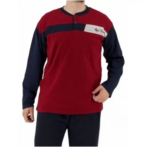 Rimoli Αντρική Βαμβακερή Πιτζάμα Μεγάλα Μεγέθη Plus Size με 2 Κουμπιά Μπορντώ - Μπλέ 2065