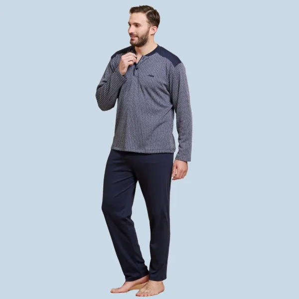 Jeannette Ανδρική Χειμερινή Βαμβακερή Πιτζάμα Homewear με πατιλέτα - κουμπιά Ζακάρ Α5306 Μπλέ Jeannette Ανδρική Χειμερινή Βαμβακερή Πιτζάμα Homewear με πατιλέτα - κουμπιά Ζακάρ Α5306 Μπλέ