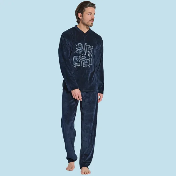 Jeannette Ανδρική Χειμερινή  Βελούδινη  Πιτζάμα Homewear με τύπωμα μπλέ A5602
