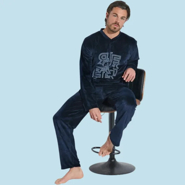 Jeannette Ανδρική Χειμερινή  Βελούδινη  Πιτζάμα Homewear με τύπωμα μπλέ A5602