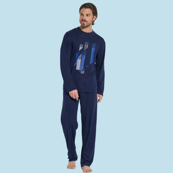 Jeannette Ανδρική Χειμερινή  Βαμβακερή Πιτζάμα Homewear με τύπωμα μπλέ A5607
