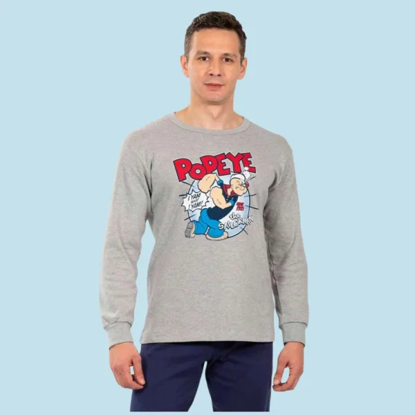 Nina Club Ανδρική βαμβακερή πιτζάμα fashion με σχέδιο Popeye Γκρί μπλούζα μπλέ παντελόνι NCM26704