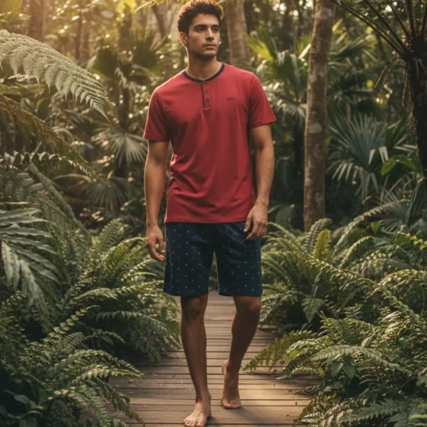 Q-bo ανδρική βαμβακερή πιτζάμα Σκούρο ροζ magenta μπλουζάκι με κουμπιά & σορτς μπλέ με σχέδια 1783.MG