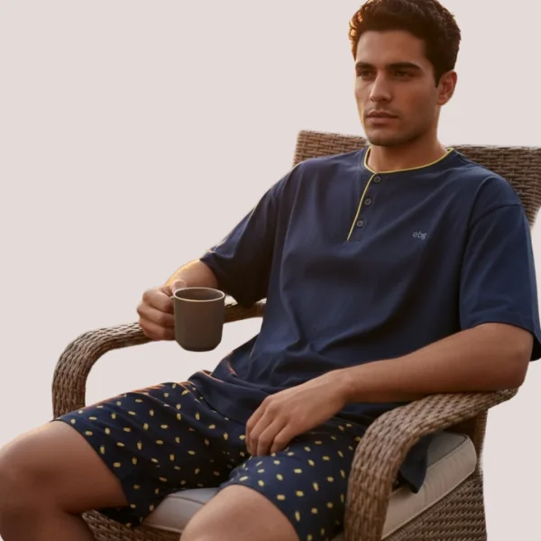 Q-bo ανδρική βαμβακερή πιτζάμα μπλέ top με κουμπιά & σορτς Serafino 49338.GL Blue pitzama