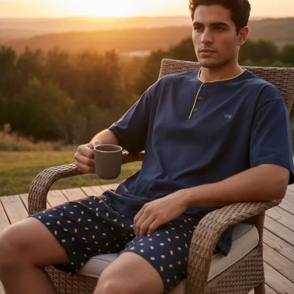 Q-bo ανδρική βαμβακερή πιτζάμα μπλέ top με κουμπιά & σορτς Serafino 49338.GL Blue pitzama