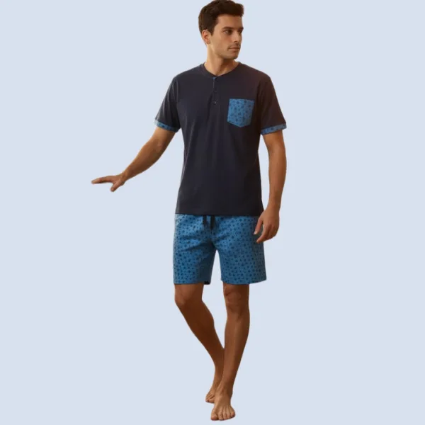 Q-bo ανδρική βαμβακερή πιτζάμα μπλέ με σορτς Serafino 6867.BL Blue pijama