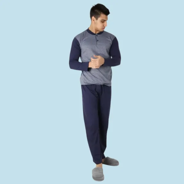 Rimoli Αντρική Λεπτή Βαμβακερή Πιτζάμα και Μεγάλα Μεγέθη Plus Size με 2 Κουμπιά Γκρί Μπλέ με κλασσικό σχέδιο 1001