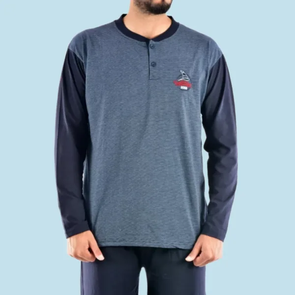 Rimoli Αντρική Λεπτή Βαμβακερή Πιτζάμα και Μεγάλα Μεγέθη Plus Size με 2 Κουμπιά Μπλέ 1με σχέδιο Sailing 1035