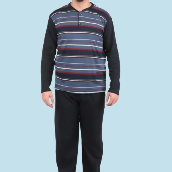 Rimoli Αντρική Βαμβακερή με λεπτό ύφασμα Πιτζάμα και Μεγάλα Μεγέθη Plus Size με 2 Κουμπιά Μπλέ -Γκρί  με ρίγες 920