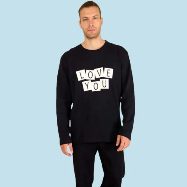Happy Family Ανδρική Xειμερινή Βαμβακερή Μαύρη Πιτζάμα με Μακρύ Παντελόνι Σχέδιο ''Love You'' AB-XHF719