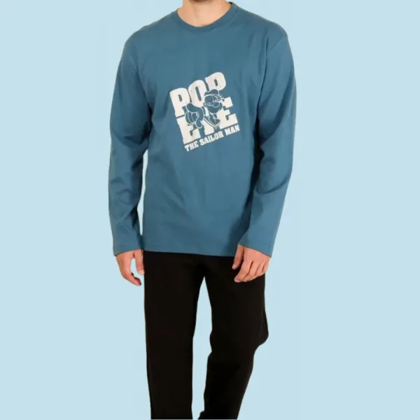 Happy Family Ανδρική Xειμερινή Βαμβακερή Πετρόλ Πιτζάμα με Μακρύ Παντελόνι και φανταστικό σχέδιο Popeye the Sailor Man Ποπάϋ AB-XHF701