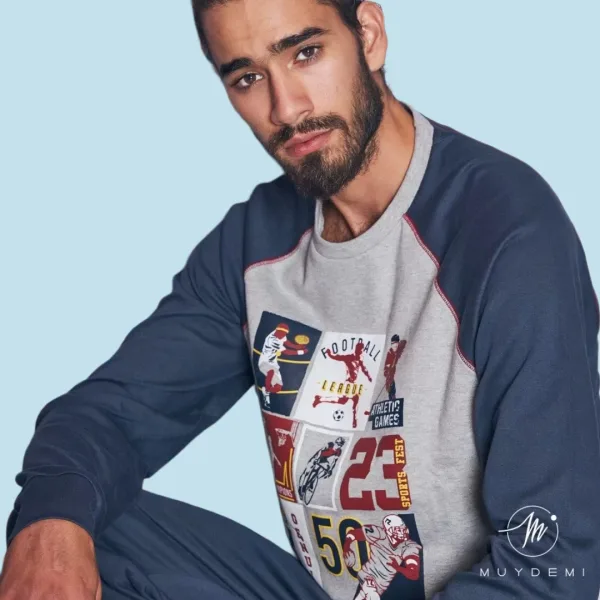 Muydemi Sleepwear Ανδρική Βαμβακερή Πιτζάμα Ποδόσφαιρο Γκρί  330025