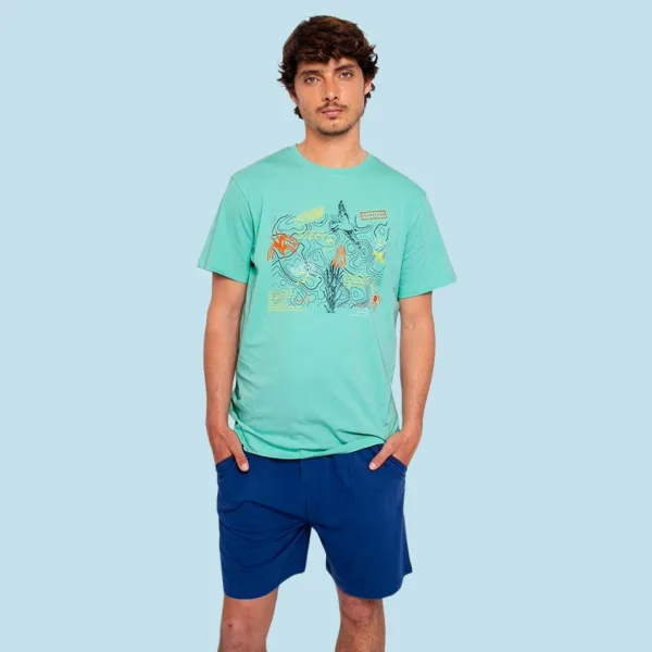 Muydemi ανδρική βαμβακερή πιτζάμα πράσινη μπλούζα με σχέδια & μπλέ σορτς 310033 blue