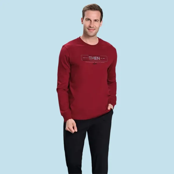 Over Sleep Αντρική βαμβακερή χειμερινή Πυτζάμα Μπορντώ μπλούζα με logo Then & μαύρο παντελόνι με λάστιχο 2137 bordeaux