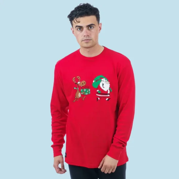 Sara Ανδρική βαμβακερή Χειμερινή Πυτζάμα Χριστουγέννων για όλη την οικογένεια Αγ.Βασίλης & τάρανδος Κόκκινη-Μαύρη 1273 