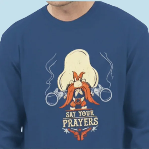 Sara Ανδρική βαμβακερή Μπλέ Χειμερινή Πυτζάμα fashion με σχέδιο Tunes Yosemite Sam Say your Prayers 1265 Blue