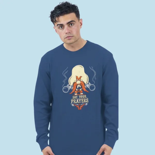 Sara Ανδρική βαμβακερή Μπλέ Χειμερινή Πυτζάμα fashion με σχέδιο Tunes Yosemite Sam Say your Prayers 1265 Blue