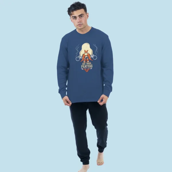 Sara Ανδρική βαμβακερή Μπλέ Χειμερινή Πυτζάμα fashion με σχέδιο Tunes Yosemite Sam Say your Prayers 1265 Blue