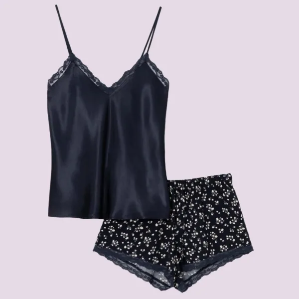 Aruelle Γυναικείο Babydoll Πολυτελείας από Βισκόζη με Δαντέλα σε μπλε χρώμα και σορτς με  λουλουδάκια Camelia 