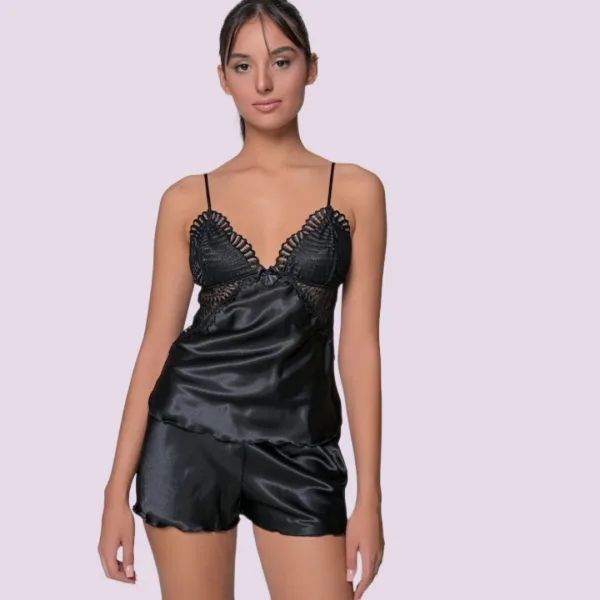 Milena by Paris Γυναικείο Σατέν Σετ Babydoll μαύρο με δαντέλα & σόρτς 004196 Black Milena by Paris Γυναικείο Σατέν Σετ Babydoll μαύρο με δαντέλα & σόρτς 004196 Black