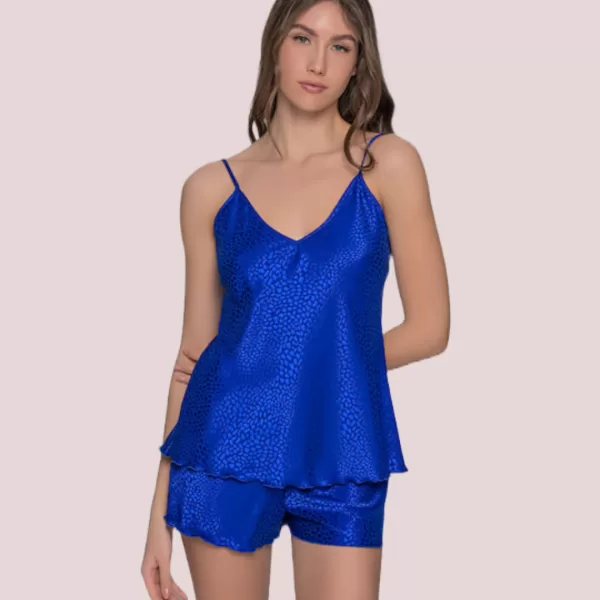 Milena by Paris Γυναικείο Σετ Babydoll Πιτζάμα Σατέν Μπλέ Ρουά Ζακαρ 004189
