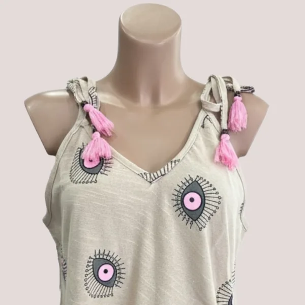 Γυναικείο καφτάνι κοντό λινό μπεζ σκούρο φόρεμα με μάτια ροζ & φανταστικές ροζ  φούντες 1798 Miss White