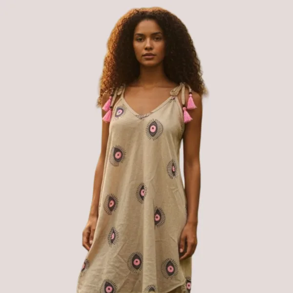 Γυναικείο καφτάνι κοντό λινό μπεζ σκούρο φόρεμα με μάτια ροζ & φανταστικές ροζ  φούντες 1798 Miss White