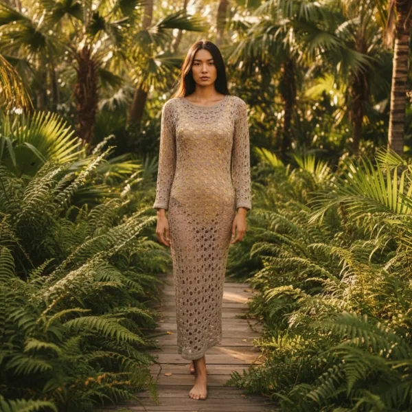 Modern Ocean Γυναικείο χρυσό Gold Φόρεμα καφτάνι μακρύ πλεκτό με μανίκια & ανοιχτή πλάτη C-6259