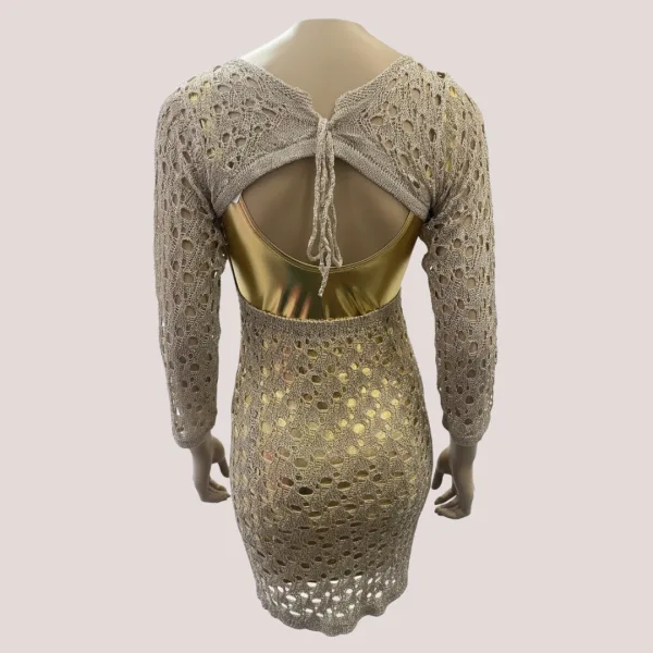 Modern Ocean Γυναικείο χρυσό Gold Φόρεμα καφτάνι μακρύ πλεκτό με μανίκια & ανοιχτή πλάτη C-6259
