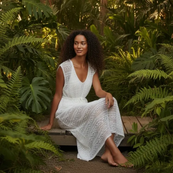 Milena by Paris Γυναικείο Λεύκο Καφτάνι Μακρύ δετό διάτρητο 040245 Ivory