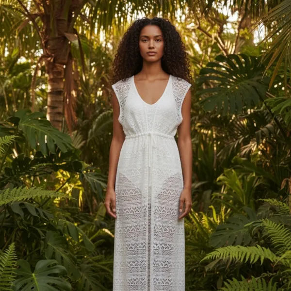 Milena by Paris Γυναικείο Λεύκο Καφτάνι Μακρύ δετό διάτρητο 040245 Ivory