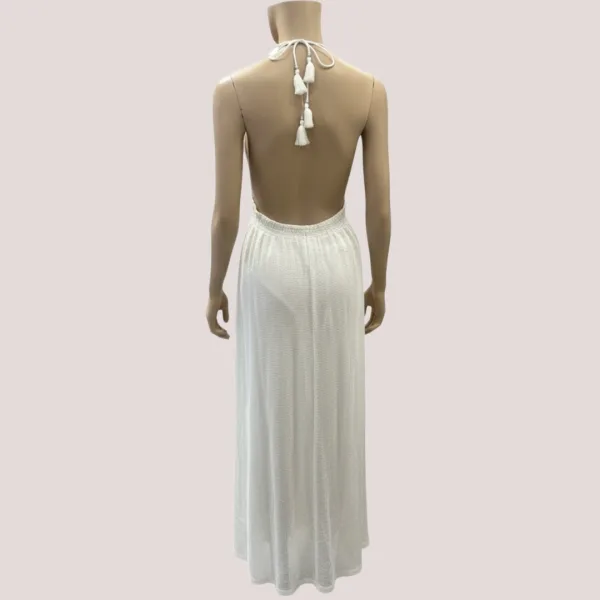 Γυναικείο Λευκό μακρύ φόρεμα καφτάνι boho style με ethnic μοτίβα δετό στο λαιμό & λάστιχο στην πλάτη 1463 One size s-xl 