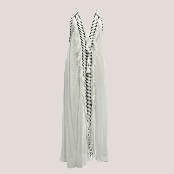 Γυναικείο Λευκό μακρύ φόρεμα καφτάνι boho style με ethnic μοτίβα δετό στο λαιμό & λάστιχο στην πλάτη 1463 One size s-xl 