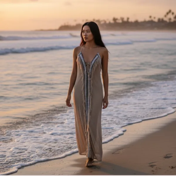 Γυναικείο Μπεζ μακρύ φόρεμα καφτάνι boho style με ethnic μοτίβα δετό στο λαιμό & λάστιχο στην πλάτη 1463 One size s-xl