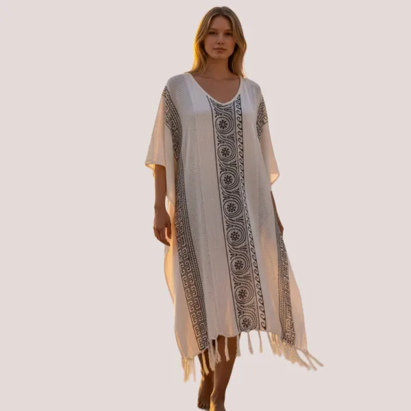 Γυναικείο καφτάνι 100% Cotton Oversized  ριχτό με v μέχρι το γόνατο μονόχρωμο Λευκό με μαύρο σχέδια 1483