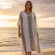Γυναικείο καφτάνι 100% Cotton Oversized  ριχτό με v μέχρι το γόνατο μονόχρωμο Λευκό με μαύρο σχέδια 1483