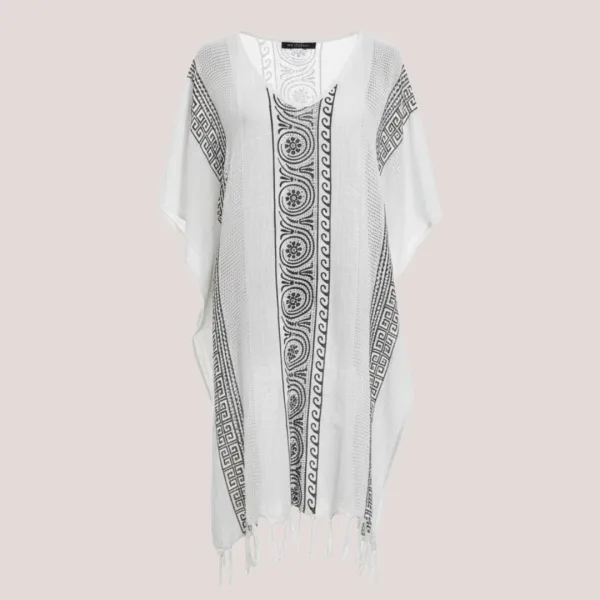 Γυναικείο καφτάνι 100% Cotton Oversized  ριχτό με v μέχρι το γόνατο μονόχρωμο Λευκό με μαύρο σχέδια 1483