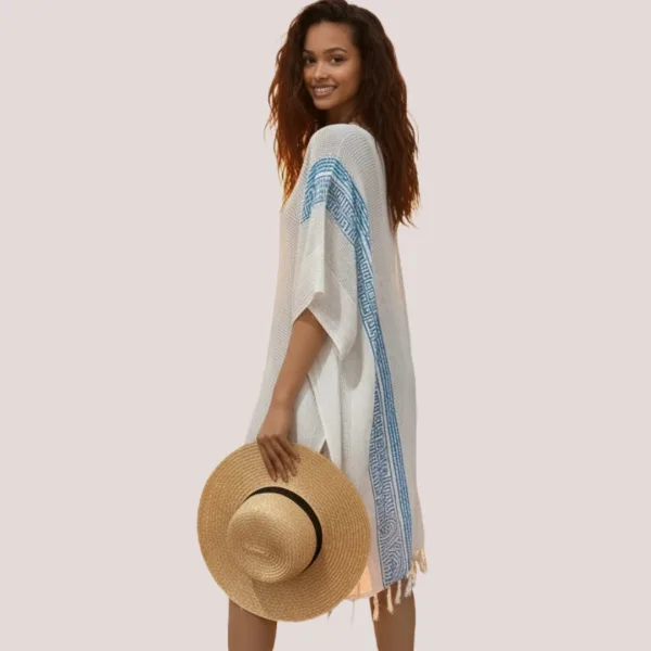 Γυναικείο καφτάνι 100% Cotton Oversized  ριχτό με v μέχρι το γόνατο μονόχρωμο Λευκό με μπλέ σχέδια 1483