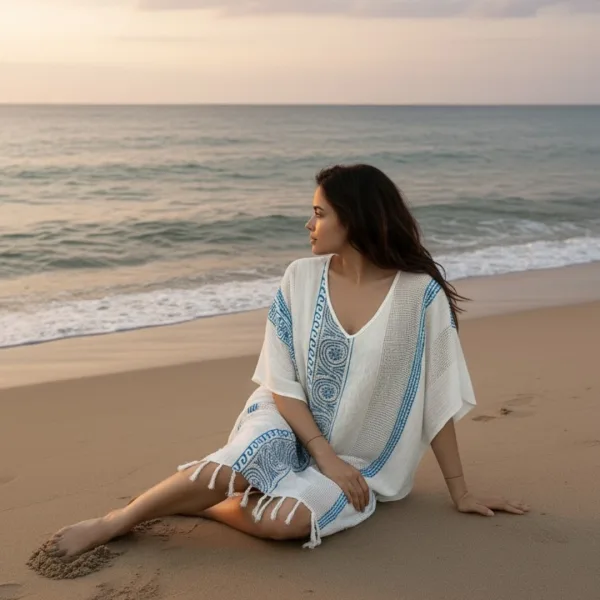 Γυναικείο καφτάνι 100% Cotton Oversized  ριχτό με v μέχρι το γόνατο μονόχρωμο Λευκό με μπλέ σχέδια 1483