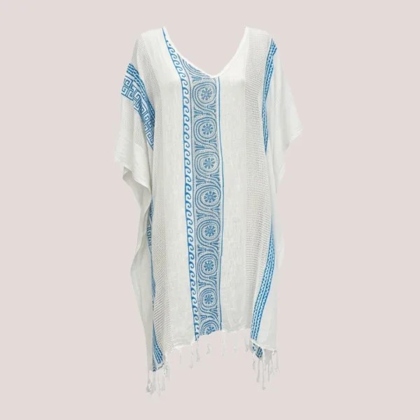Γυναικείο καφτάνι 100% Cotton Oversized  ριχτό με v μέχρι το γόνατο μονόχρωμο Λευκό με μπλέ σχέδια 1483