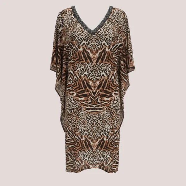 Modern Ocean Γυναικείο oversized καφτάνι animal print με V  διακοσμημένο με χάντρες πολυτελείας 1652.10 