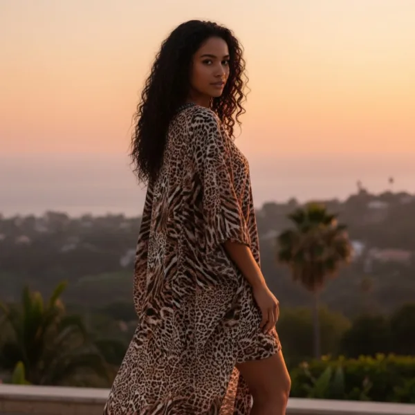 Modern Ocean Γυναικείο oversized καφτάνι animal print με V  διακοσμημένο με χάντρες πολυτελείας 1652.10 