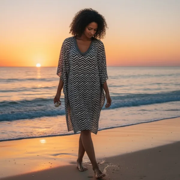 Modern Ocean Γυναικείο oversized καφτάνι λευκό με μαύρες γραμμές με V  διακοσμημένο με χάντρες πολυτελείας 1652.3