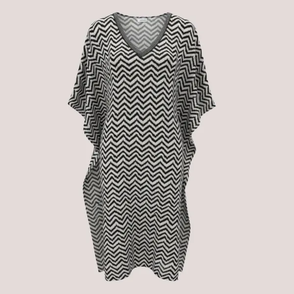 Modern Ocean Γυναικείο oversized καφτάνι λευκό με μαύρες γραμμές με V  διακοσμημένο με χάντρες πολυτελείας 1652.3